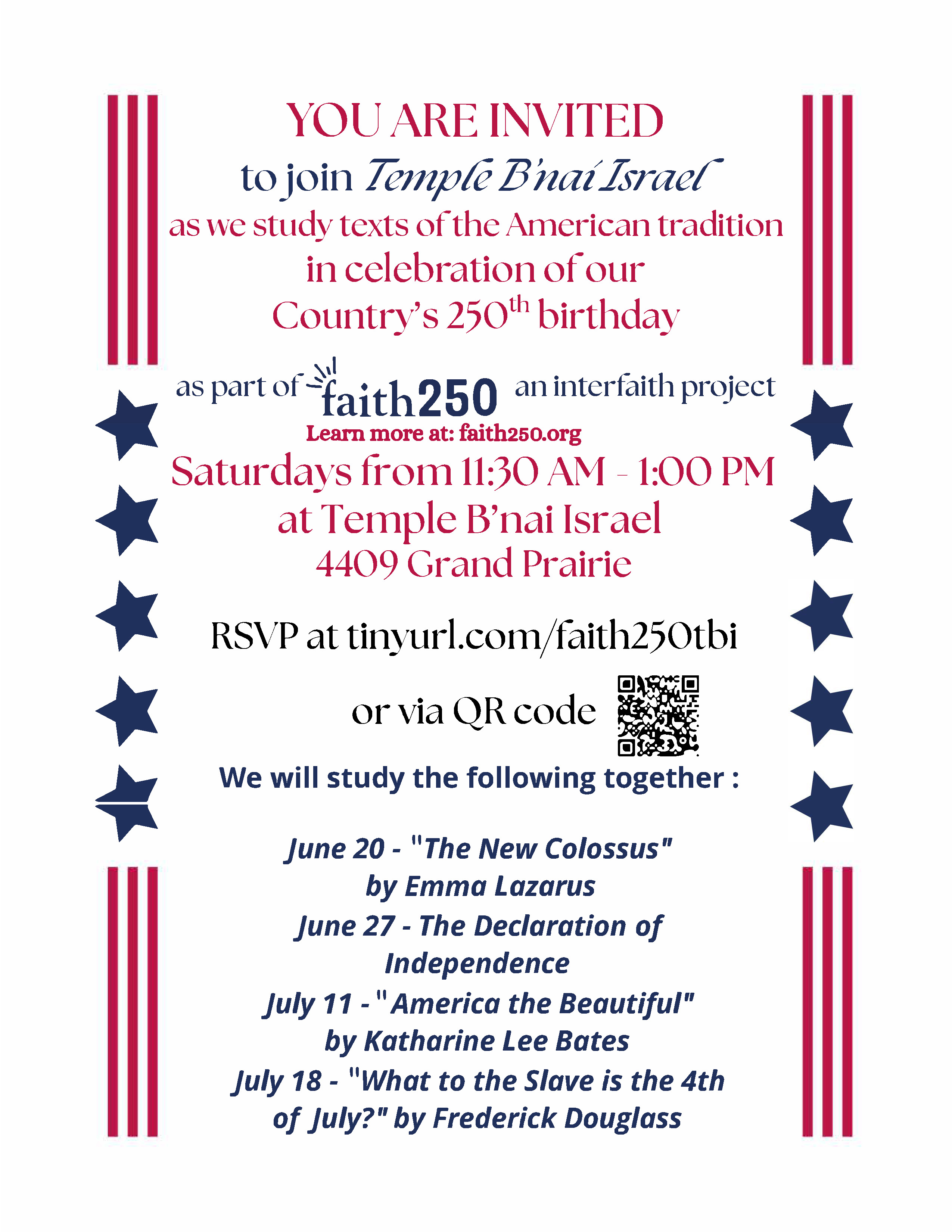 Faith 250, Shabbat Study with Temple B'nai Israel