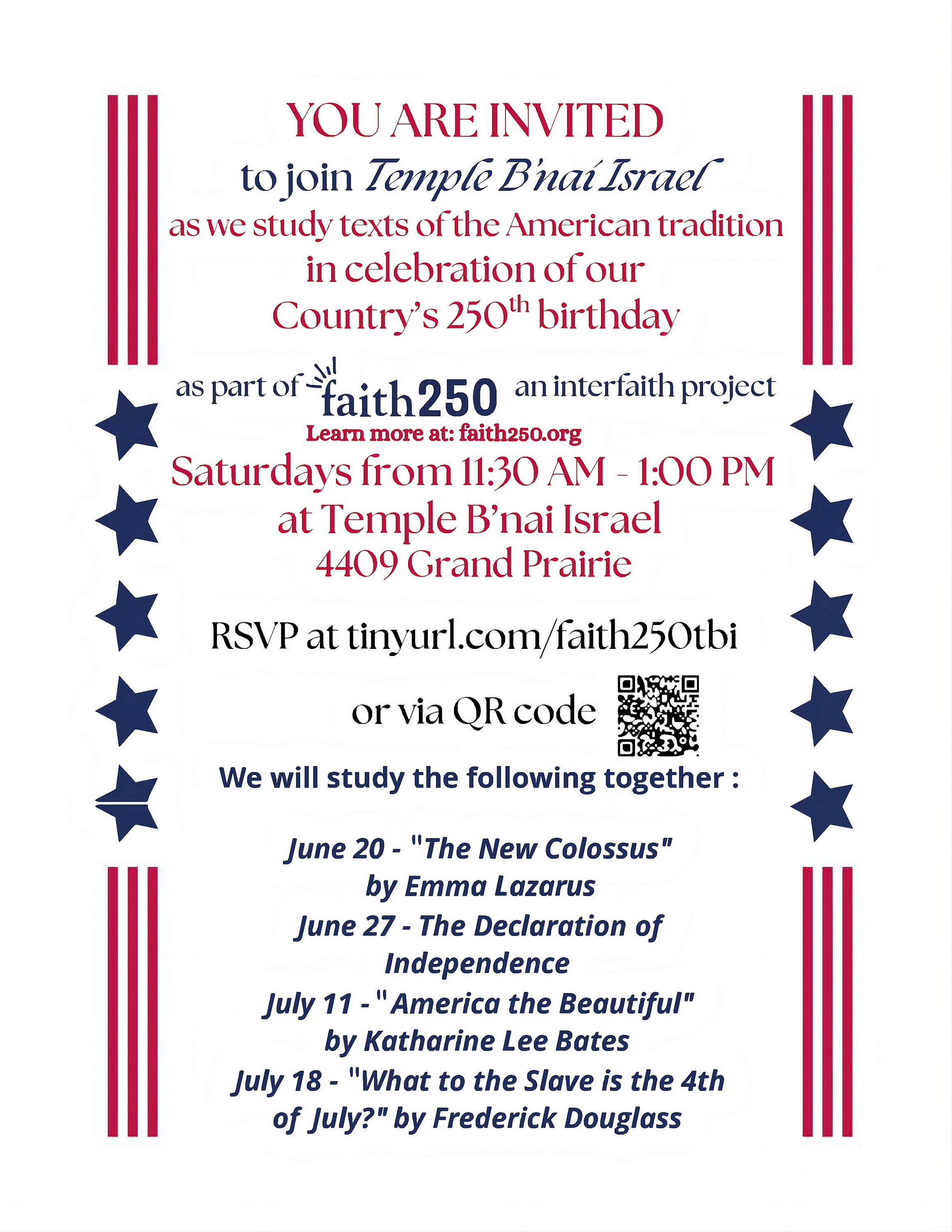 Faith 250, Shabbat Study with Temple B'nai Israel